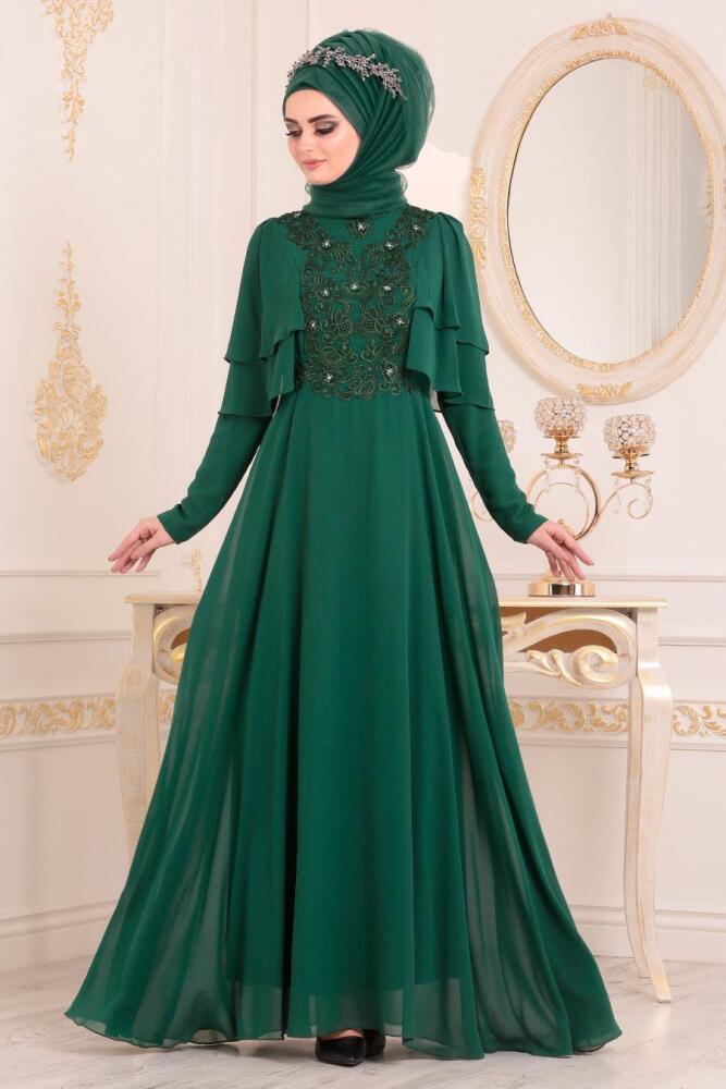 Vert-Tesettürlü Abiye Elbise -Robe de Soirée Hijab 8448Y - 1