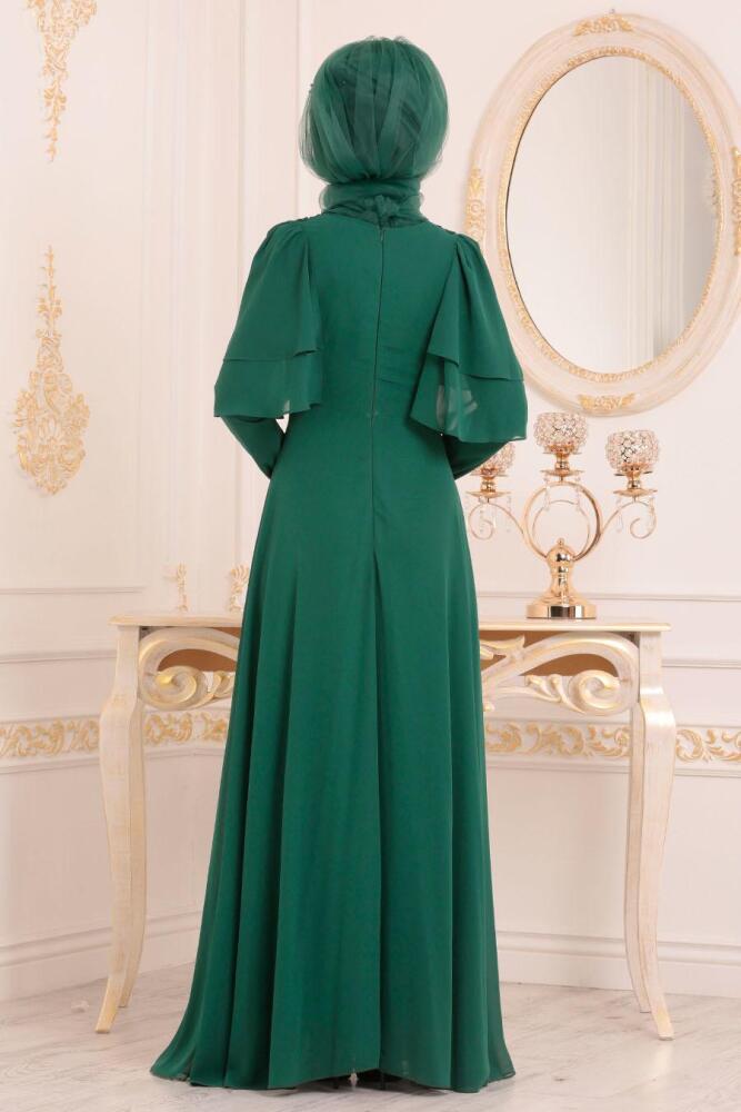 Vert-Tesettürlü Abiye Elbise -Robe de Soirée Hijab 8448Y - 4