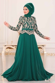 Vert - Tesettürlü Abiye Elbise - Robe de Soirée Hijab - 8647Y - Thumbnail