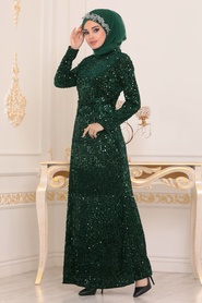 Vert - Tesettürlü Abiye Elbise - Robe de Soirée Hijab - 8727Y - Thumbnail