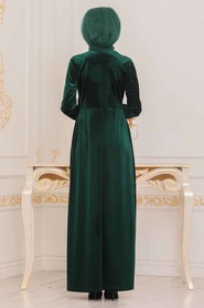 Vert - Tesettürlü Abiye Elbise - Robe en velours hijab - 8737Y - Thumbnail
