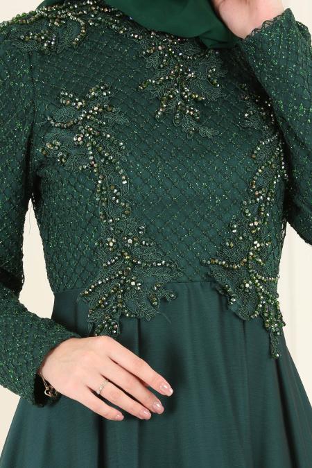 Vert - Tesettürlü Abiye Elbise - Robes de Soirée 36791Y - 2