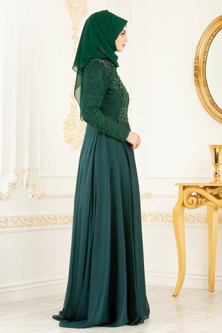 Vert - Tesettürlü Abiye Elbise - Robes de Soirée 36791Y - 3