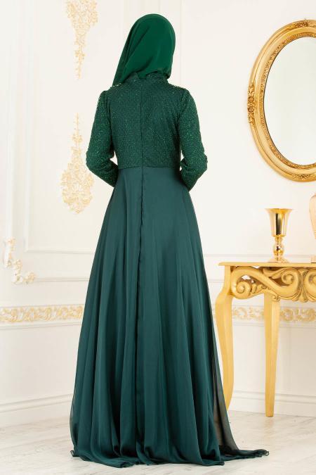 Vert - Tesettürlü Abiye Elbise - Robes de Soirée 36791Y - 4