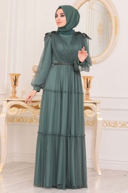 Vert-Tesettürlü Abiye Elbise-Robes de Soirée-4072Y - Thumbnail