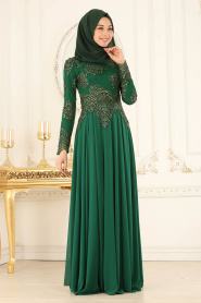 Vert- Tesettürlü Abiye Elbise - Robes de Soirée 7601Y - Thumbnail