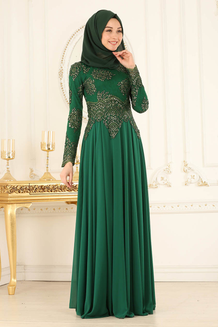 Vert- Tesettürlü Abiye Elbise - Robes de Soirée 7601Y
