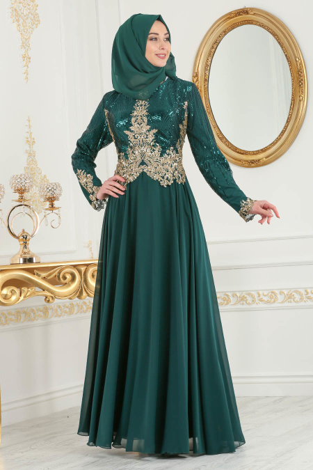 Vert- Tesettürlü Abiye Elbise - Robes de Soirée 7973Y