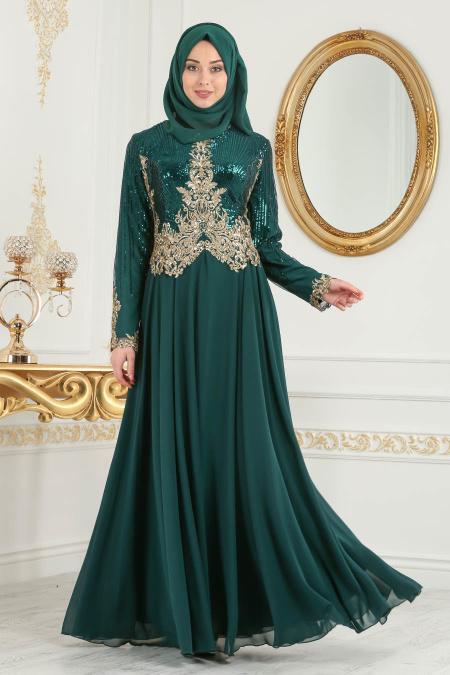 Vert- Tesettürlü Abiye Elbise - Robes de Soirée 7973Y - 2