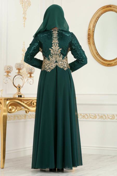 Vert- Tesettürlü Abiye Elbise - Robes de Soirée 7973Y - 3