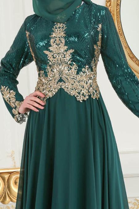 Vert- Tesettürlü Abiye Elbise - Robes de Soirée 7973Y - 4