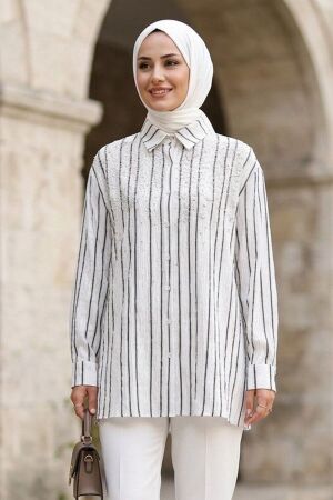Vertical Striped Bamboo Black Modest Shirt 15360S - 1
