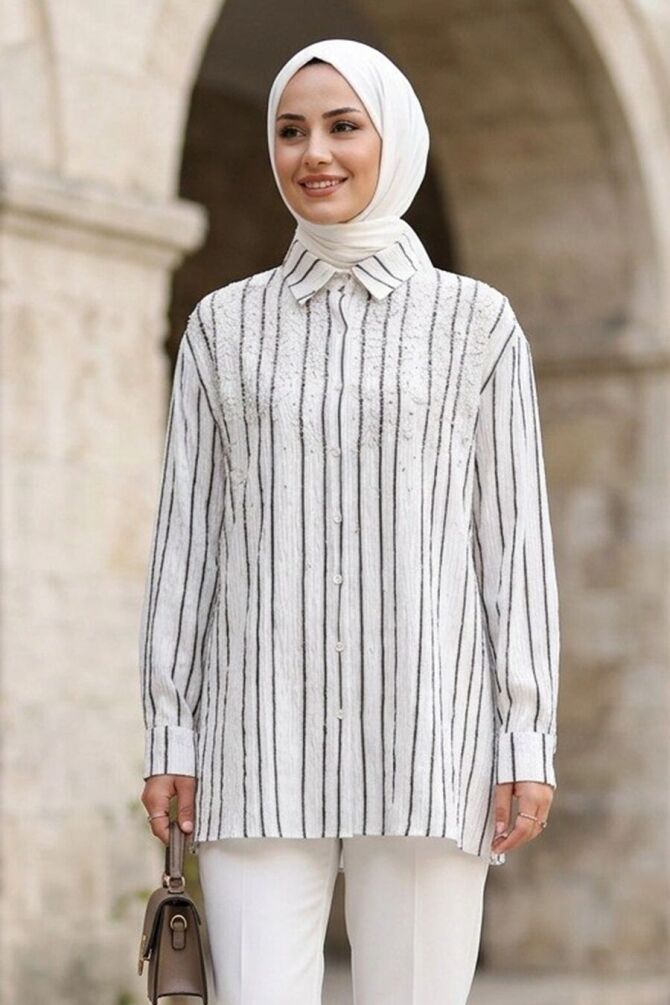 Vertical Striped Bamboo Black Modest Shirt 15360S - 1