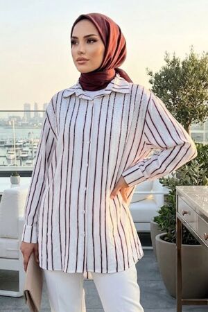 Vertical Striped Bamboo Plum Modest Shirt 15360MU 