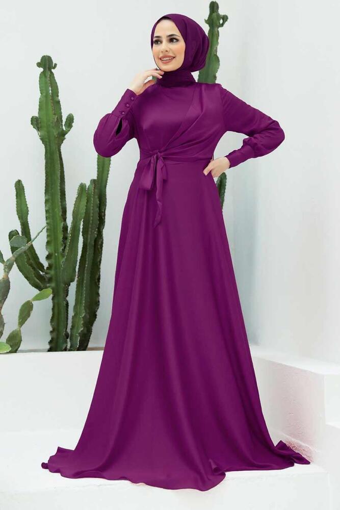 Violet Foncé - Tesettürlü Abiye Elbise - Robe de Soirée Hijab - 1420MU - 1