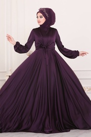Violet Foncé - Tesettürlü Abiye Elbise - Robe de Soirée Hijab - 14251MU - Thumbnail