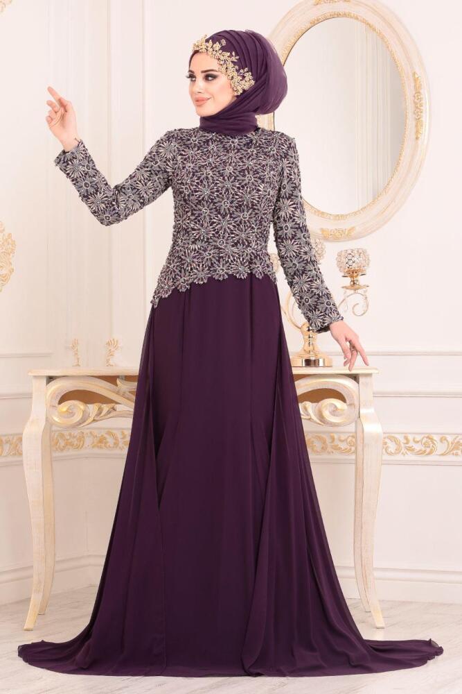 Violet Foncé- Tesettürlü Abiye Elbise - Robe de Soirée Hijab 18770MU - 1
