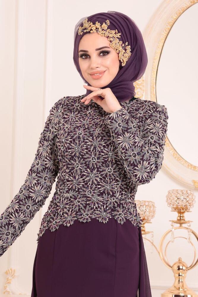 Violet Foncé- Tesettürlü Abiye Elbise - Robe de Soirée Hijab 18770MU - 2