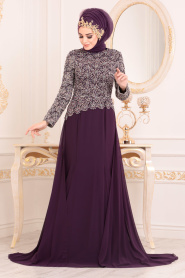 Violet Foncé- Tesettürlü Abiye Elbise - Robe de Soirée Hijab 18770MU - Thumbnail