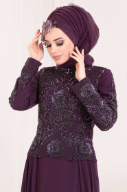 Violet Foncé- Tesettürlü Abiye Elbise - Robe de Soirée Hijab 18810MU - Thumbnail