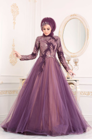 Violet Foncé - Tesettürlü Abiye Elbise - Robe de Soirée Hijab 20251MU - Thumbnail