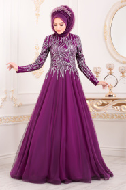 Violet Foncé-Tesettürlü Abiye Elbise -Robe de Soirée Hijab 20690MU - Thumbnail