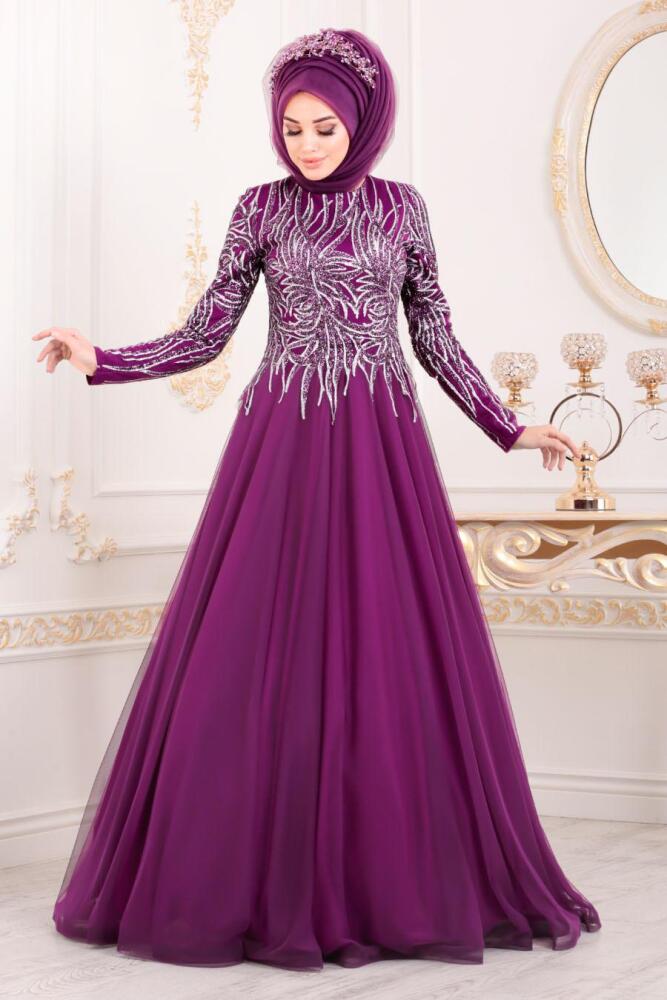 Violet Foncé-Tesettürlü Abiye Elbise -Robe de Soirée Hijab 20690MU - 1