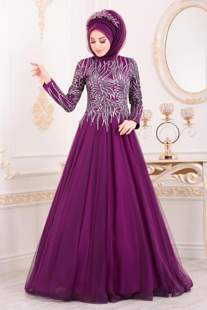 Violet Foncé-Tesettürlü Abiye Elbise -Robe de Soirée Hijab 20690MU - 2