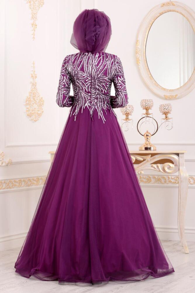 Violet Foncé-Tesettürlü Abiye Elbise -Robe de Soirée Hijab 20690MU - 3