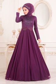Violet Foncé - Tesettürlü Abiye Elbise - Robe de Soirée Hijab 2073MU - Thumbnail