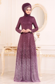 Violet Foncé - Tesettürlü Abiye Elbise -Robe de Soirée Hijab 2081MU - Thumbnail