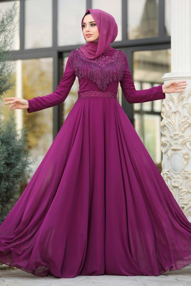 Violet Foncé-Tesettürlü Abiye Elbise-Robe de Soirée Hijab 20901MU - 1