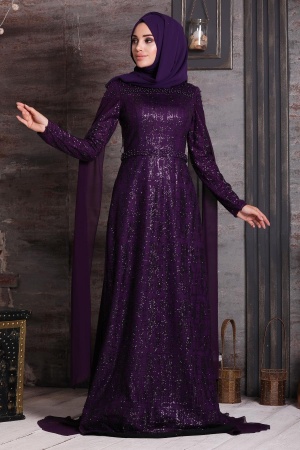 Violet Foncé - Tesettürlü Abiye Elbise - Robe de Soirée Hijab 20940MU - 1