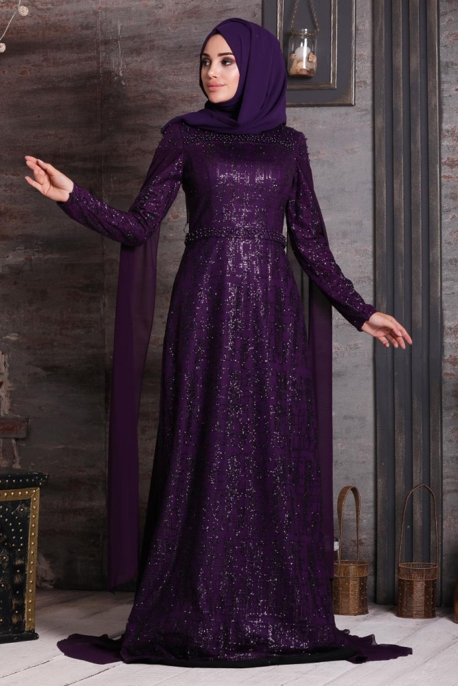 Violet Foncé - Tesettürlü Abiye Elbise - Robe de Soirée Hijab 20940MU - 1