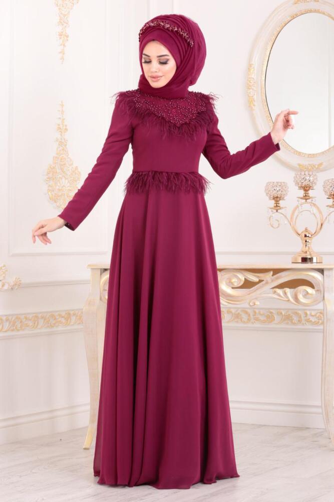 Violet Foncé-Tesettürlü Abiye Elbise -Robe de Soirée Hijab 20950MU - 2