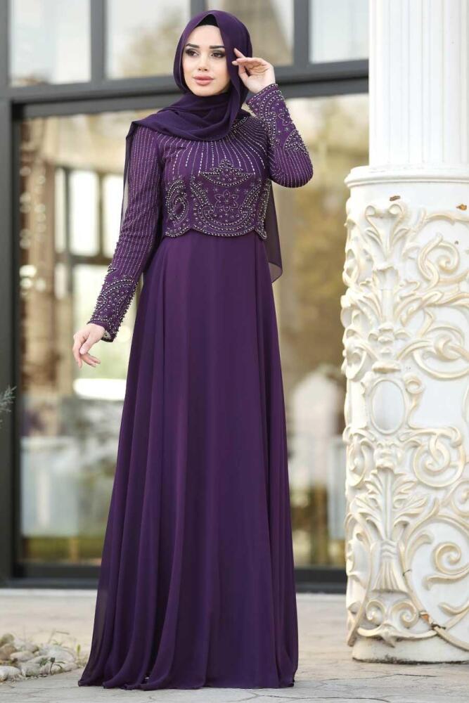 Violet Foncé - Tesettürlü Abiye Elbise - Robe de Soirée Hijab - 21002MU - 1