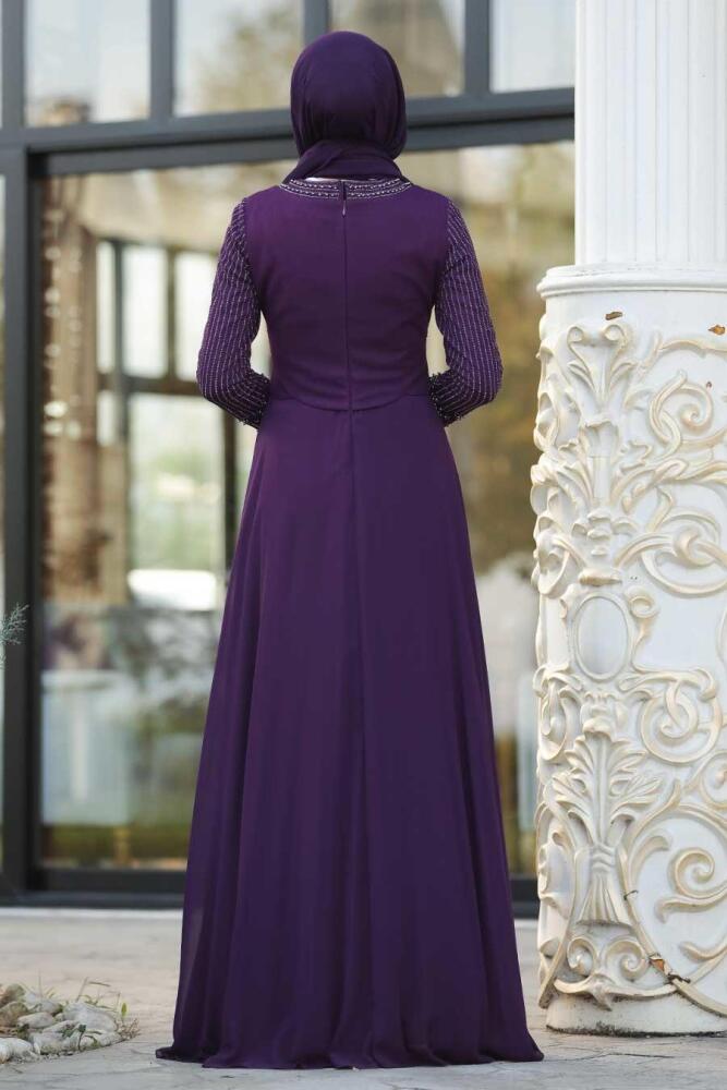 Violet Foncé - Tesettürlü Abiye Elbise - Robe de Soirée Hijab - 21002MU - 2