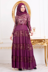 Violet Foncé-Tesettürlü Abiye Elbise - Robe de Soirée Hijab 3120MU - Thumbnail