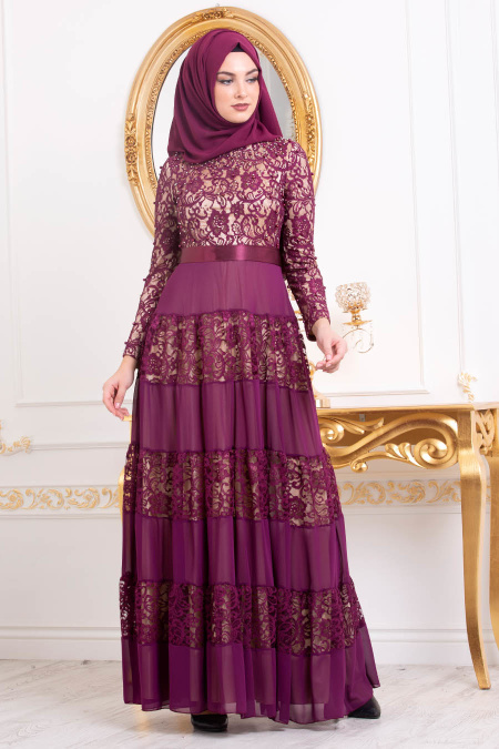Violet Foncé-Tesettürlü Abiye Elbise - Robe de Soirée Hijab 3120MU