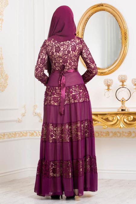 Violet Foncé-Tesettürlü Abiye Elbise - Robe de Soirée Hijab 3120MU - 2