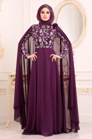 Violet Foncé-Tesettürlü Abiye Elbise - Robe de Soirée Hijab 3285MU - Thumbnail