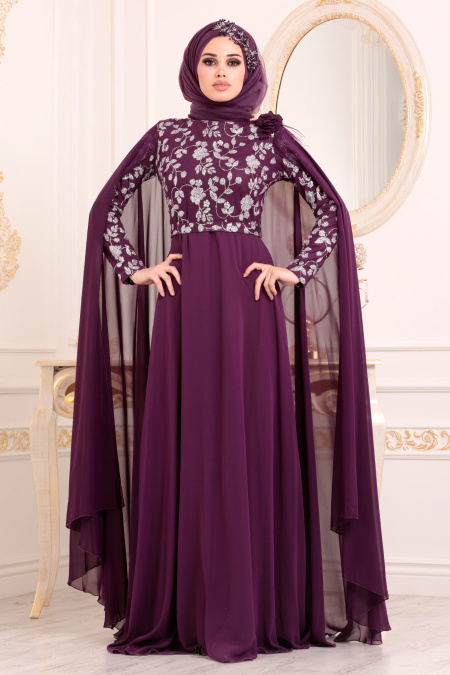 Violet Foncé-Tesettürlü Abiye Elbise - Robe de Soirée Hijab 3285MU