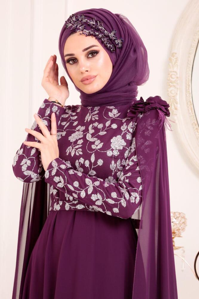Violet Foncé-Tesettürlü Abiye Elbise - Robe de Soirée Hijab 3285MU - 2