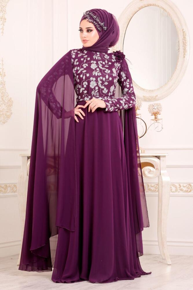 Violet Foncé-Tesettürlü Abiye Elbise - Robe de Soirée Hijab 3285MU - 3