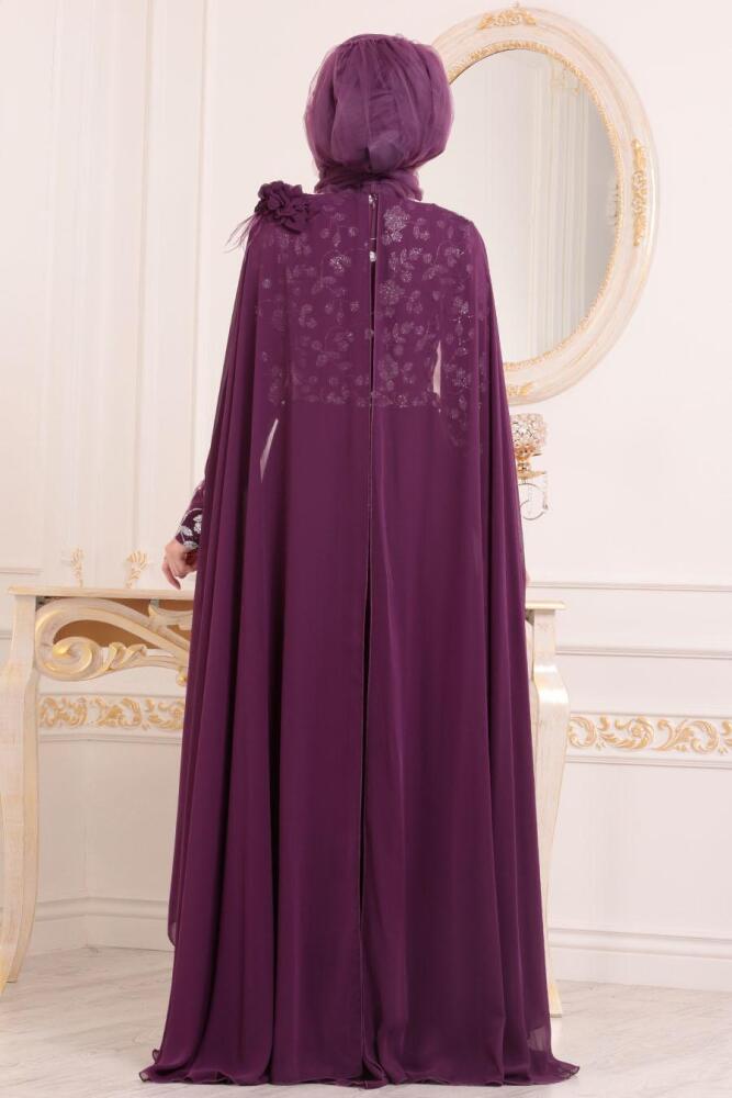 Violet Foncé-Tesettürlü Abiye Elbise - Robe de Soirée Hijab 3285MU - 4