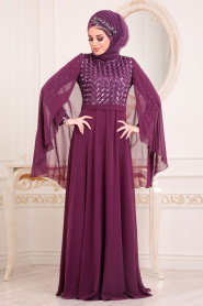 Violet Foncé-Tesettürlü Abiye Elbise - Robe de Soirée Hijab 3293MU - Thumbnail