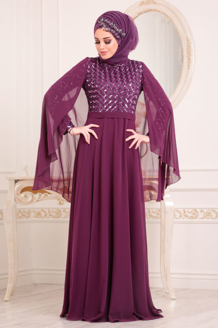 Violet Foncé-Tesettürlü Abiye Elbise - Robe de Soirée Hijab 3293MU
