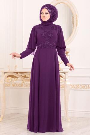 Violet Foncé-Tesettürlü Abiye Elbise - Robe de Soirée Hijab 37870MU - 1