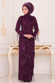 Violet Foncé - Tesettürlü Abiye Elbise - Robe de Soirée Hijab - 3854MU - Thumbnail