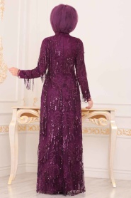 Violet Foncé - Tesettürlü Abiye Elbise - Robe de Soirée Hijab - 3854MU - Thumbnail